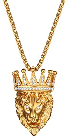 OIDEA Herren Halskette Löwe Edelstahl Gold - Punk Rock Viking Gothic Stil Kette mit Anhänger, Löwekopf Afrika Lankarte Kreis Tribal Römische Ziffern Schwert Krone Medaillen Biker mit 55cm Weizenkette