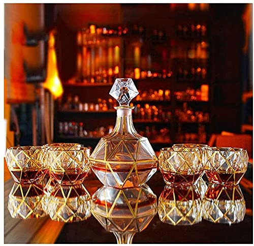 Carafe à whisky Carafe à vin Carafe à vin Ensemble de 7 pièces Carafe à whisky en cristal Or Cristal Verre Rétro Bouteille de vin étranger (B)
