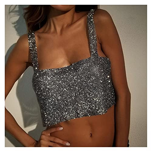 RWRAPS Körperkette, Nachtclub, glitzerndes Pailletten-Strass-BH-Crop-Top für Damen, modisches Kristall-Bikini-Körperkette, Brust-BH, Schmuck-Accessoires für Frauen und Mädchen (Farbe: Schwarz mit