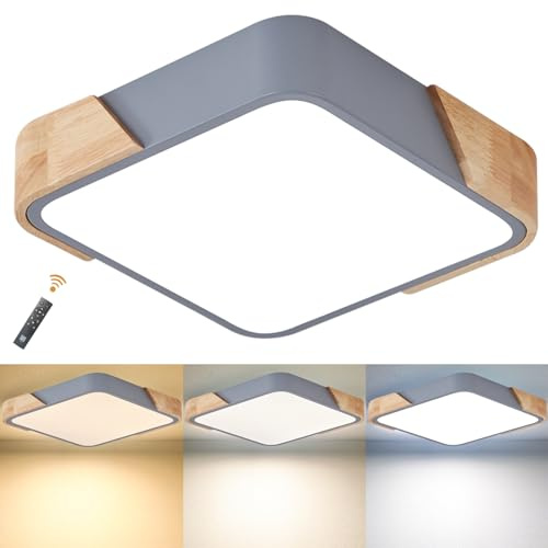LuFun LED Deckenlampe Holzoptik 24W Dimmbar mit Fernbedienung 30x30cm Grau | Moderne LED Deckenleuchte 3000K-6000K, Flache Deckenlampe für Esszimmer Büro Wohnzimmer Flur Schlafzimmer