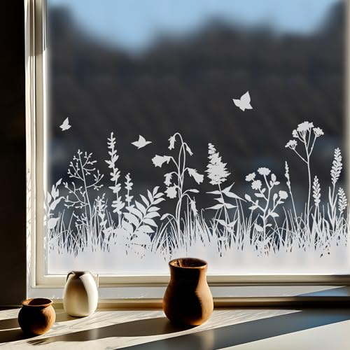 ChicSkin fensterbilder Reinweiße Wiesen Schmetterlinge und Blumen 39x150cm | Fensterbilder frühling Florale Motive,Frühlingsdeko Mehrweg,Wohnzimmer, Schlafzimmer,Bad,Küche fensterdekoration