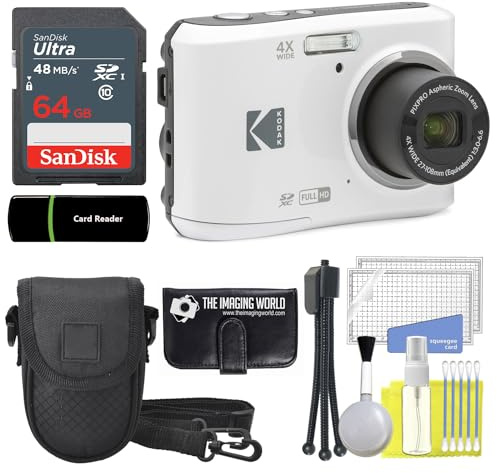Kodak PIXPRO FZ45 16MP Digital Camera 4X Optical Zoom 27mm Wide Angle 1080P Full HD Video 2.7 LCD Camera (White) + 64GB Card and Reader + Case + Memory Wallet + Tripod + Cleaning Bundle