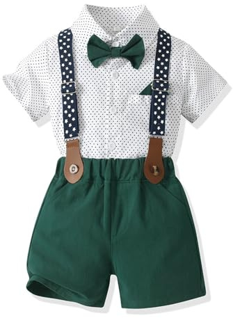Volunboy Baby pojkar kostym set kläder skjorta med fluga hängslen shorts sparkdräkt kostym, Gröna prickar, 3-4 år