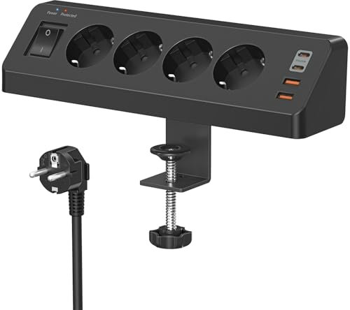 Multiprise de table avec USB C (PD 20W), Multiprise 8 en 1 pour bureau avec interrupteur, Multiprise 4 prises avec 4 ports USB, Protection contre les surtensions avec câble de 2 m pour la maison, le