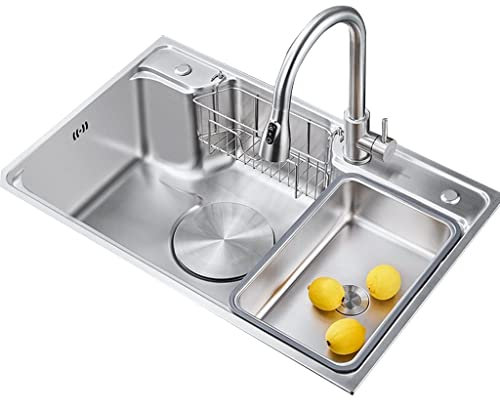 Edelstahlspüle, Haushaltsspüle aus Edelstahl 304 im japanischen Stil, Unterbauwaschbecken für die Küche mit Hängekorb (Farbe: Silber, Größe: 80 * 48 * 22 cm)