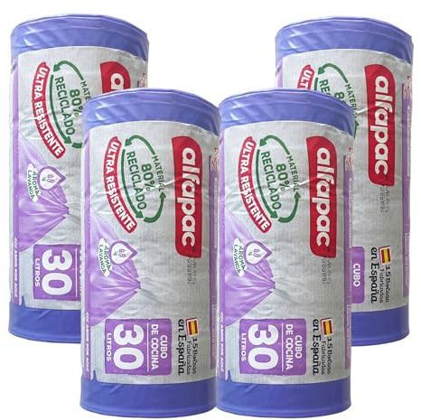 80% recyclé, 4 rouleaux de 15 sacs poubelle (60 sacs) 'Lavande', ultra résistants, triple couche, anti-goutte, 30 l auto-refermable