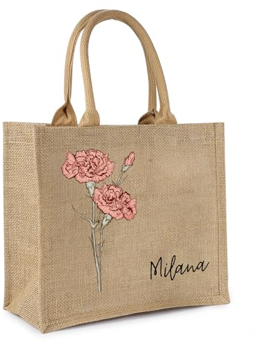 lorajewel Personalisierter Jutetasche mit Namen Initial Damen Einkaufstaschen Personalisierte Geschenktaschen Tragetaschen Geschenke zum Geburtstag Weihnachten