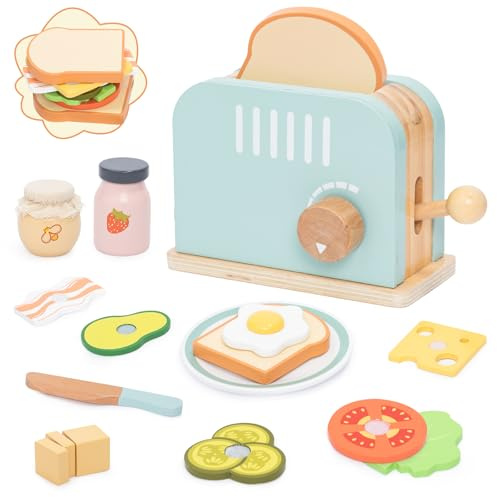 Toaster-Spielzeug-Set aus Holz für Kinder – Simulationsspiel – Pop-up-Toaster mit Brot, Butter, Messer, Ei und Lebensmittelzubehör – Montessori-Küchenspielzeug für Kleinkinder