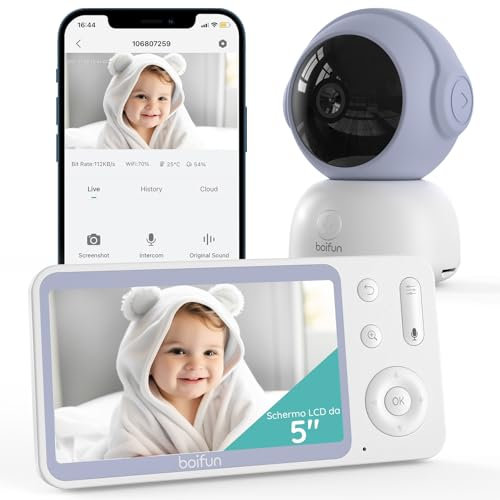 Boifun Video Baby Monitor WiFi 2K con Display 5”, Doppio Controllo (App e Monitor), Visione Notturna Senza Disturbi, Rilevamento Pianto/Movimento/Temperatura/Umidità, 360° Rotazione, 19h Autonomia