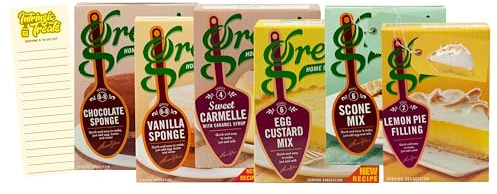 Cake & Dessert Mix Bundle with Greens Chocolate Sponge, Vanilla Sponge, Lemon Pie Filling, Sweet Carmelle, Egg Custard and Scone Mix with Intrinsic Treats Shopping List Card