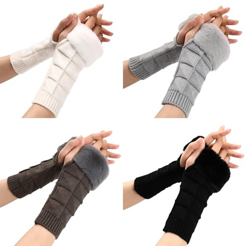 TAGVO 4 Paare Fingerlose Handschuhe Damen, Winter Thermo Laufhandschuhe mit Weiche Schicht Vlies, Winter Fingerlose Armstulpen Stricken Pulswärmer Touchscreen Handschuhe Radsporthandschuhe für Damen