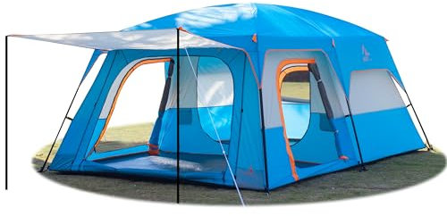 KTT Extra großes Zelt für 12 Personen (A), Familienzelte, 2 Zimmer, 3 Türen und 3 Fenster mit Netz, gerade Wand, wasserdicht, doppellagig, große Zelte für Outdoor, Picknick, Camping, Familientreffen