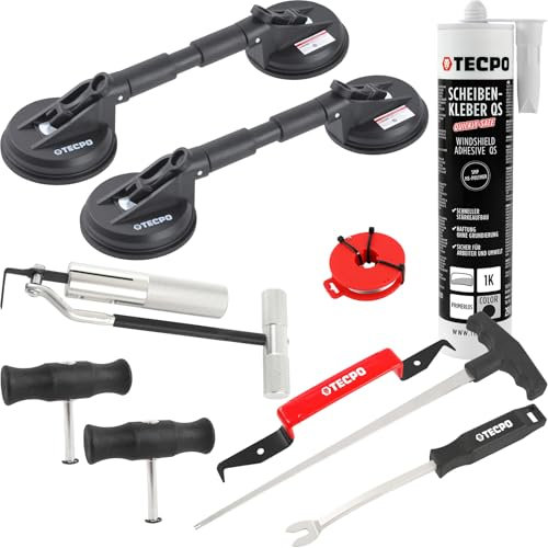 TECPO Scheibenausbauwerkzeug Set, Steinschlag Reparaturset Windschutzscheibe Autoglas Ausbau Werkzeug Satz mit Scheibenkleber, Gummi Doppelsauger Ø118mm, Schneidedraht, Lösewerkzeug, Hakenwerkzeug