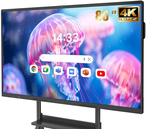 JASZDOT Interaktives Whiteboard 86 Zoll Smartboard, 4K UHD Touchscreen Android 14, 8 GB RAM 128 GB ROM für Klassenzimmer & Büro, WiFi, Bluetooth, HDMI, Kamera, Mikrofon inkl. Wandhalterung