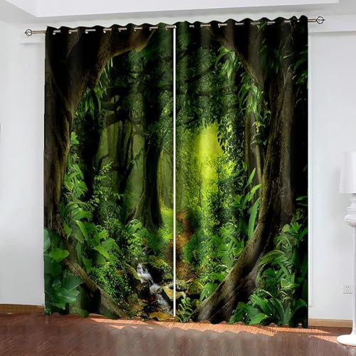 Bishilin Vorhänge Wohnzimmer Verdunkelung 2er Set, Verdunklungsvorhänge 137x183CM mit Ösen Fantasty Grün Wald Gardinen Blickdicht Kinderzimmer Jugendzimmer