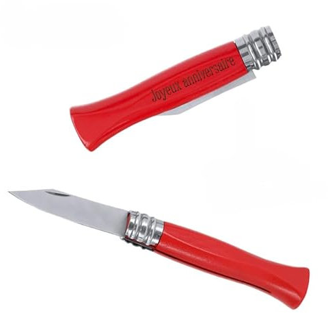 Couteau de poche personnalisé VIRTUOSE - Pliable avec poignée en bois & cran de verrouillage | Gravure laser sur manche [ Couteau personnalisé homme ] (Rouge)