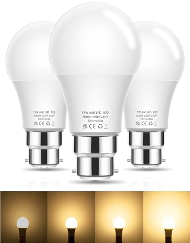 Flaspar Dimmable Bayonet Light Bulbs 100W, 13W Warm White 3000K | 1200LM Super Bright BC B22 Light Bulbs,Energy Saving, Pack of 3