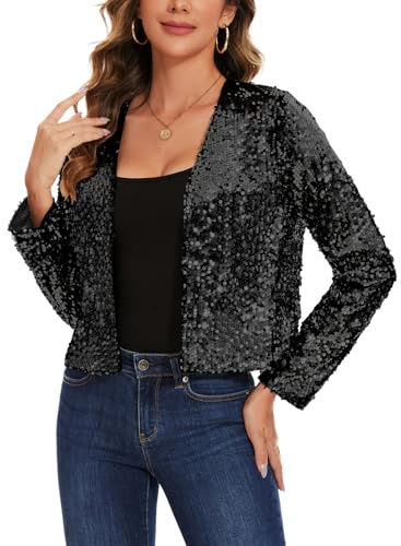 Kyzoeyou Damen Pailletten Strickjacke Kurz Offene Vorne Cardigan Langarm Bolero Dünne Elegant Glitzer Jacke Bolerojacke