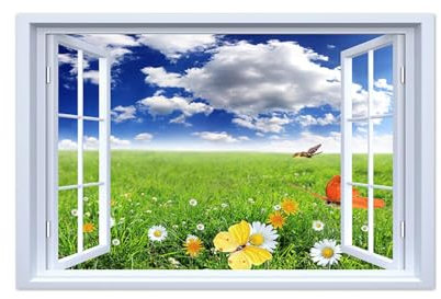 MUHJDYC Falsa Ventana Cuadro-Naturaleza Paisaje Impresión Imagen en Lienzo-Flores Pastizales Nubes Cuadros Decoracion Salon Modernos 50x75cm Sin Marco