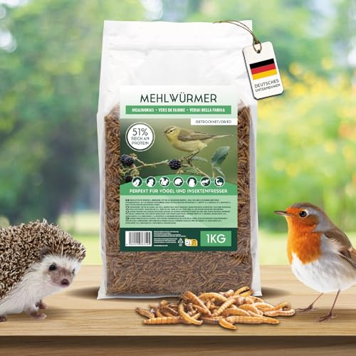 Mehlwürmer getrocknet 1kg, natürliches Insektenfutter für Vögel, Hühner, Fische, Schildkröten, Nager und Reptilien, Reich an Proteinen und Nährstoffen