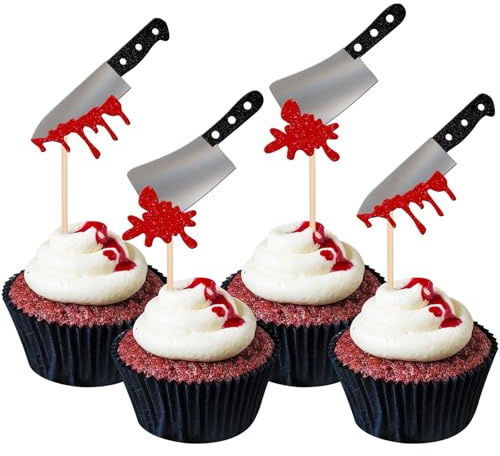 12 Pièces Cake Topper Couteau Ensanglanté Pour Halloween Decoration, Décorations De Gâteaux d'halloween en Forme De Couteau Sanglant, Paillettes Horreur Pics à Cupcakes Blood Knife Effrayantes