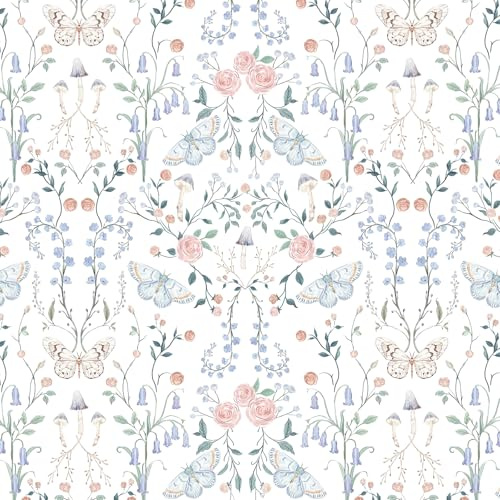 Fiula Self Adhesive Wallpaper 44x300CM Peel and Stick Wallpaper White Floral Butterfly Vinyl Wrap for Furniture Contact Paper for Living Sticky Back Plastic Bedroom Stick on Wall Paper Removable Pink
