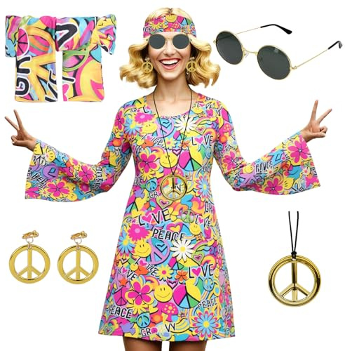 AYBUY Hippie Kostym Dam, Carnival Kostym För Kvinnor 70-talet, Inkluderar Hippie Örhängen Halsband Solglasögon Bandage, Hippie Klänning 70-tal för karneval, Halloween, Cos Party, 2XL