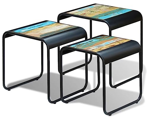 HETFTJN Satztisch-Set Altholz Beistelltisch Gartentisch stapelbar 3-TLG. 54x45x56 cm Massivholz-Stahl Retro-Design platzsparend für Wohnzimmer Balkon und Camping