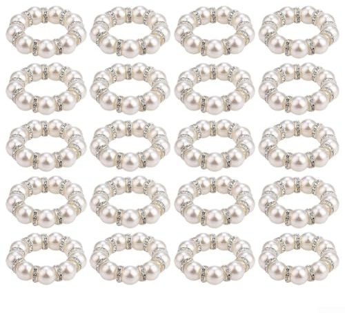 Set mit 20 weißen Perlen-Serviettenringen mit doppelter elastischer Schnur für sicheren Halt, geeignet für Hochzeiten, Buffets und besondere Anlässe, Tischdekorationen