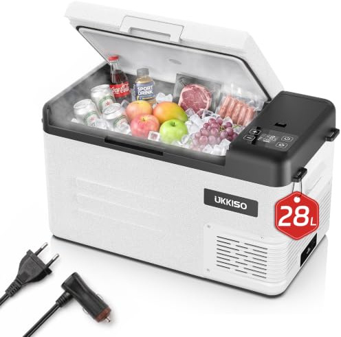 UKKISO Kompressor Kühlbox 28L Kühlschrank für Auto, 12/24V DC 100-240 VC Kühlbox Elektrisch für Auto, Lkw, Boot, Camping, -20°C bis 20°C, mit USB Anschluss