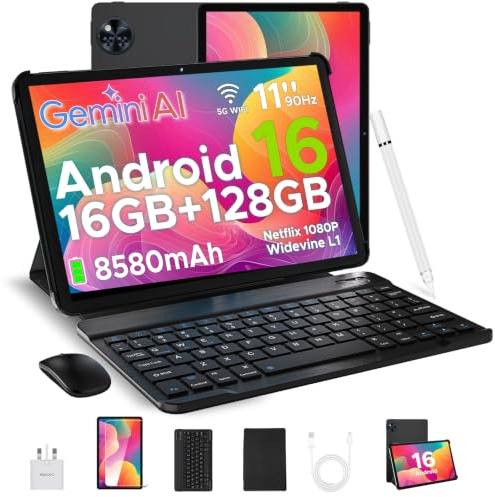 POPUX U11 Android 16 Tablet 11 Pulgadas con Teclado, 16GB+128GB/2TB Tableta con Lápiz, 8580mAh Gemini AI Tablet para Niños Octa Core, Widevine L1/13MP+5MP/5G WiFi/GMS/Face ID Tablets Grande con Ratón
