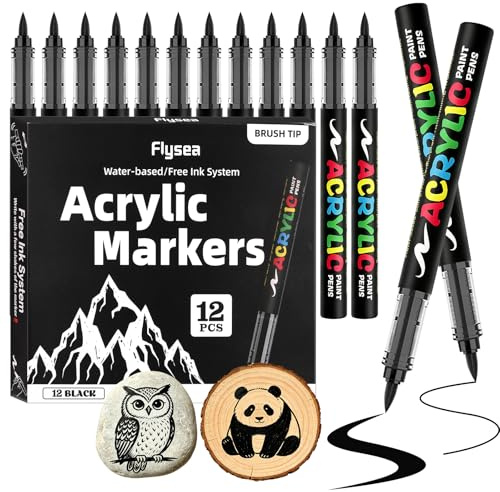 Gelanty Acrylic Paint Pens, 12PCS Black Paint Markers with Flexible Brush Tip, Direct Liquid Acrylic Pens, Colouring Pens Drawing Marker Pens for Rock Painting, Ceramic, Wood, Glass