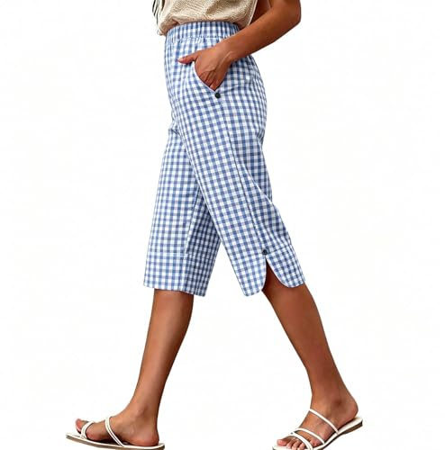 ABLYTMIAQ Womens Cotton Linen Shorts Knee Length Long Capri Womens Short Pants with Pockets Buttons Elastic Waist Side Slit Hem Ladies Casual Summer Bermuda Shorts