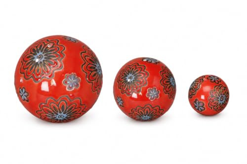 finehomegarden Schwimmkugel rot/blau Ø4cm/Ø6cm/Ø7,5cm Blüten Porzellan 3er Set Gartendekoration Schwimmende Deko Kugeln für Teich, Brunnen & Wasserschalen Elegante Garten Deko