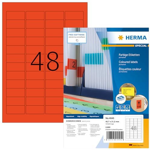 HERMA 4545 Farbige Etiketten rot, 100 Blatt, 45,7 x 21,2 mm, 48 pro A4 Bogen, 4800 Stück, selbstklebend, bedruckbar, matt, blanko Papier Farbetiketten Aufkleber