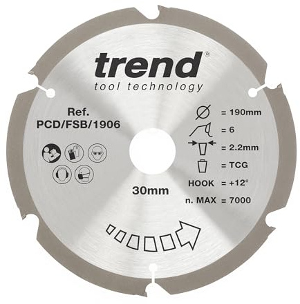 Trend PCD Fibre Cement Circular Saw Blade, 190mm Diameter, 30mm Bore, 6 Teeth, 2.2mm Kerf, +12° Hook, PCD, Coarse Finish, PCD/FSB/1906