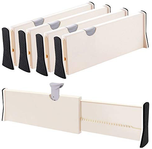 JONYJ Schubladenteiler Organizer, verstellbare Trennwände 10.2 cm hoch, erweiterbar von 27.9-43.2 cm für Schlafzimmer, Badezimmer, Schaumstoff-Enden, verschließt sich an Ort und Stelle. 4 Pack