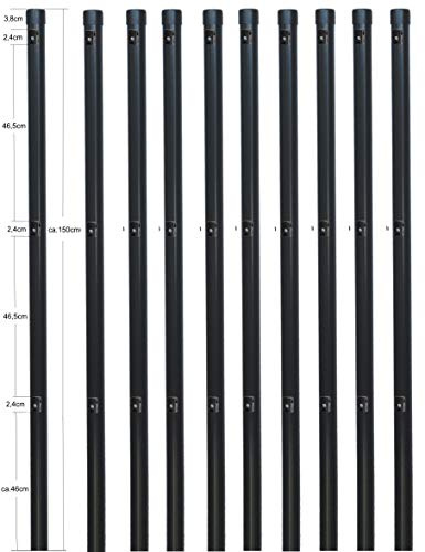 EXCOLO 10er-Set Metall-Zaunpfosten Ø34 mm, 1,5 m, pulverbeschichtet anthrazit RAL 7016, inkl. 3 Spanndrahthalter & Pfostenkappe, zum Einbetonieren – für Maschendrahtzäune bis 1 m Höhe