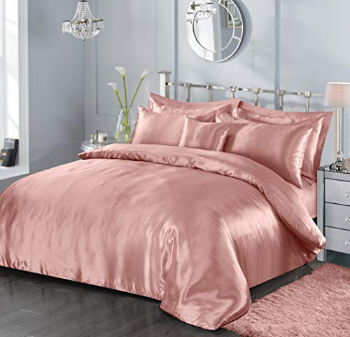 7 Piece Satin Sheets Super Soft Shiny Bedding Sets, 1 x Duvet Cover, 1 x Fitted Bed Sheet, 4 x Pillow Cases, 1 x Cushion Cover, Full Complete Bed Set (Blush Pink, King)