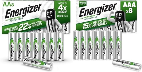 Energizer Recharge Power Plus - Batterie Ricaricabili AA + AAA (Confezione da 16) - pronte all'uso - potenza di lunga durata - 100% imballaggio riciclabile privo di plastica