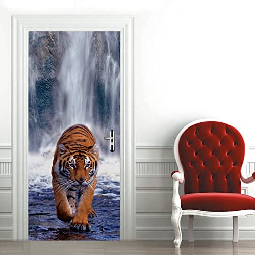 A.Monamour Türtapete Selbstklebend Türfolie Türposter 3D Ein Tiger Der Unter Dem Wasserfall Tier Thema Geht Vinyl Folie Türdeko Tapete Wandbild Türaufkleber Türtattoo 77 x 200 cm