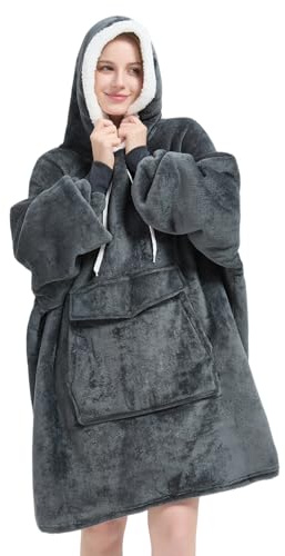 Qeils Wearable Blanket Hoodie for Women, Comfy Sherpa Sweatshirt Blanket as Birthday Christmas Gifts, Oversized Pullover Jacket Blanket Hoodie for Adult (Dark Grey, Adult)