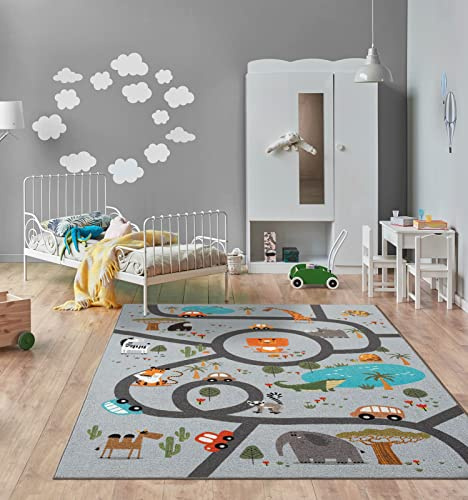 the carpet Happy Life – Kinderteppich Spielteppich mit Straßen‑Motiv, Dschungel, Tiere & Autos, rutschfest & pflegeleicht, ideal fürs Kinderzimmer, Grau, 140 x 200 cm