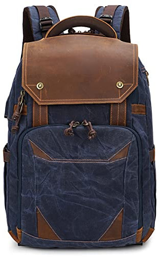 Digital Camera Backpack Large Capacity, Vintage Crazy Horse Leather Camera Backpack for Men Women Photography Bag DSLR SLR Camera Bag with 15 Inch Laptop Compartment Anti-shock SLR/DSLR Camera Rucksac