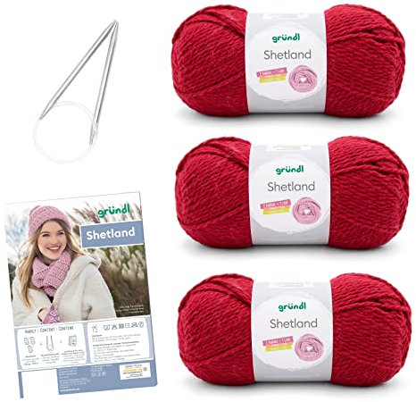 Gründl Strickset 3 x 100 g Shetland Wolle Strickgarn + Nadel 7 - 8 + Anleitung zum selber Stricken, 30 x 20 x 8 cm, rot