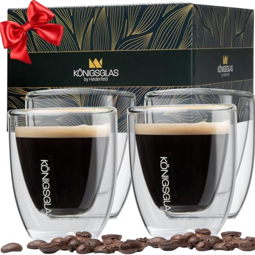 heidenfeld Königsglas Espresso Gläser |4x 80 ml Kaffee Gläser Set | Cappuccino Tassen | Doppelwandige Gläser aus Borosilikatglas | Teegläser Set | Hochwertige Thermogläser | Trinkgläser