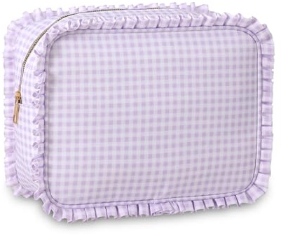 EMBRUNIOICE Ruffled Makeup Bag, Purple Gingham