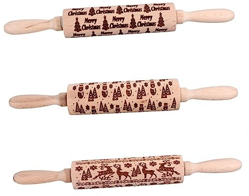 BESTonZON 3st Weihnachts Nudel Holz Rollendes Backen Diy Geprägte Teigrolle Rollstäbchen Backen Prägung Nudelholz Weihnachten Frohe Weihnachten Nudelholz Kochnadeln Für Die Küche Brot Buche