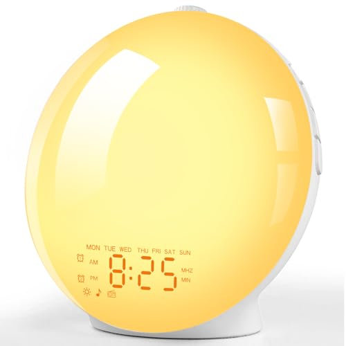 Tageslichtwecker Lichtwecker Radiowecker Wake up Light APP Steuerung,Sonnenaufgang Sonnenuntergangssimulation,11 Farblicht 20 Helligkeit, 7 Naturgeräusche 4 Alarmen Schlummerfunktion Nachttischlampe
