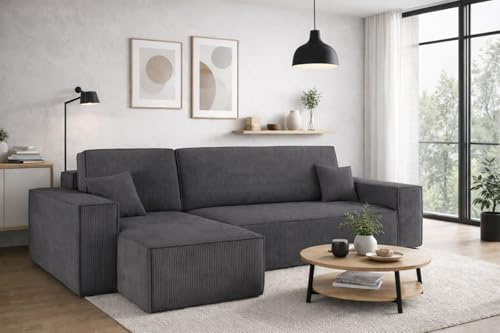 Kaiser Möbel, Ecksofa mit schlaffunktion, mit Bettkasten, Schlafsofa Best, Designer Sofa, Modern Design Couch, Polsterecke, Freistehend, Dicker Cord, Dunkelgrau Links